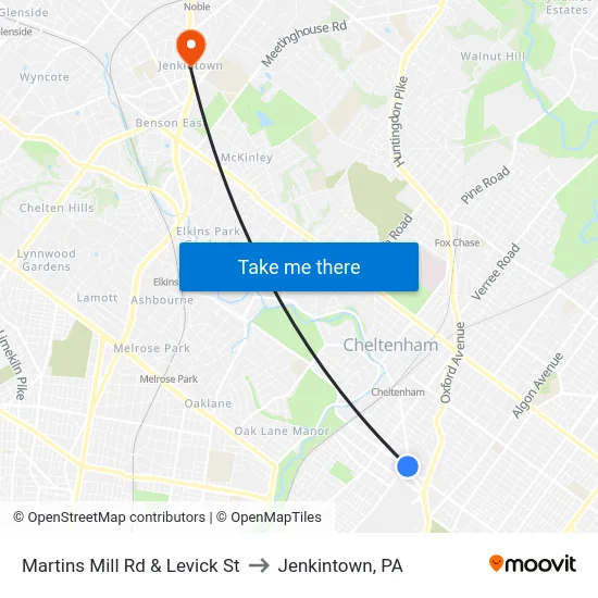Martins Mill Rd & Levick St to Jenkintown, PA map
