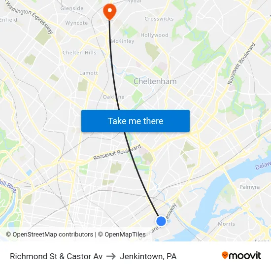 Richmond St & Castor Av to Jenkintown, PA map