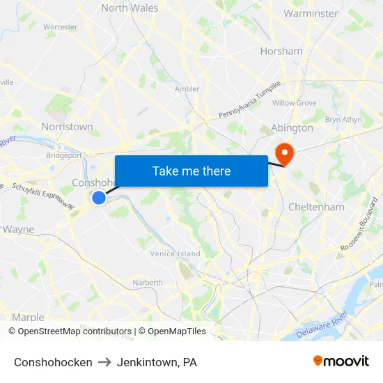 Conshohocken to Jenkintown, PA map