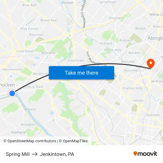 Spring Mill to Jenkintown, PA map