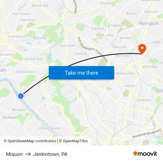 Miquon to Jenkintown, PA map