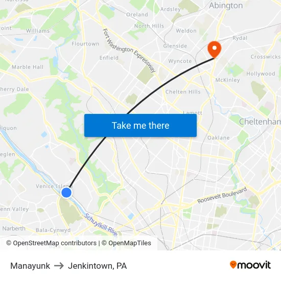 Manayunk to Jenkintown, PA map