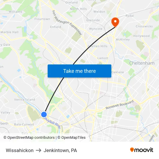 Wissahickon to Jenkintown, PA map