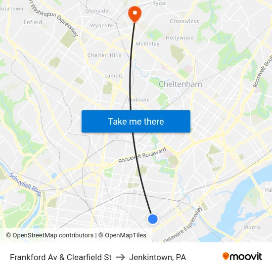 Frankford Av & Clearfield St to Jenkintown, PA map