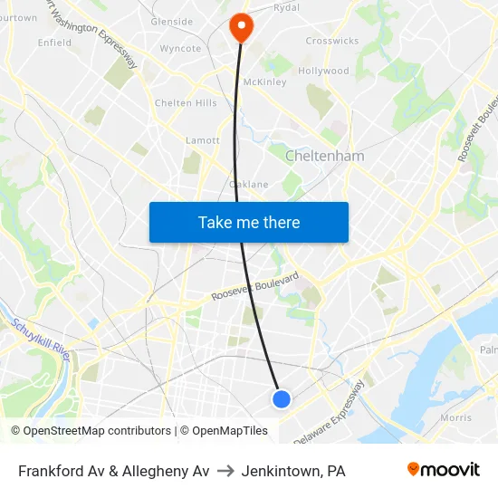 Frankford Av & Allegheny Av to Jenkintown, PA map