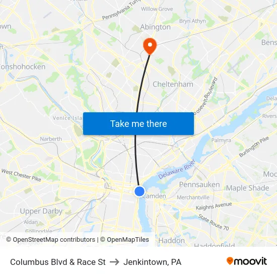 Columbus Blvd & Race St to Jenkintown, PA map