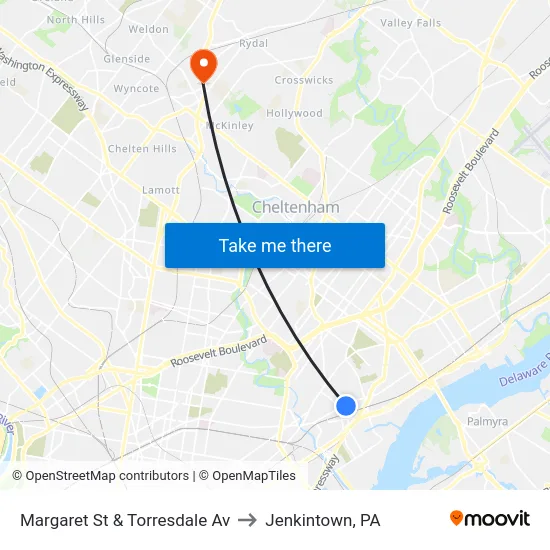 Margaret St & Torresdale Av to Jenkintown, PA map