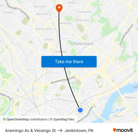Aramingo Av & Venango St to Jenkintown, PA map