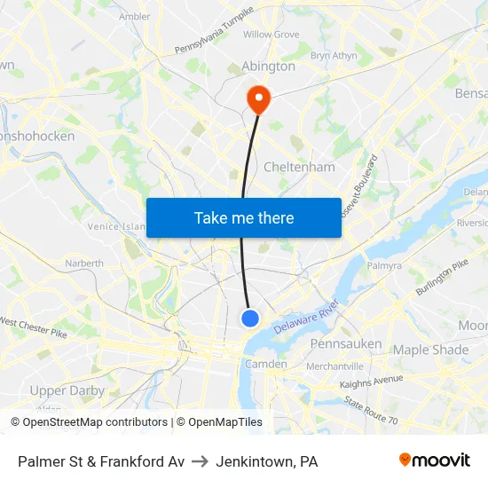 Palmer St & Frankford Av to Jenkintown, PA map