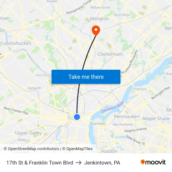 17th St & Franklin Town Blvd to Jenkintown, PA map