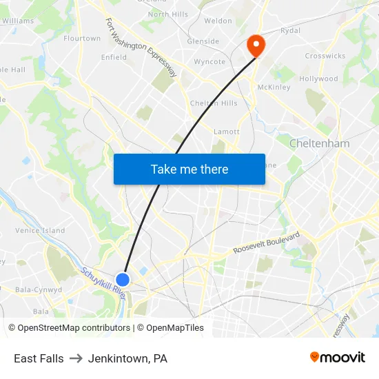 East Falls to Jenkintown, PA map