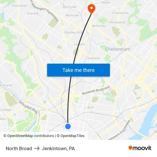 North Broad to Jenkintown, PA map
