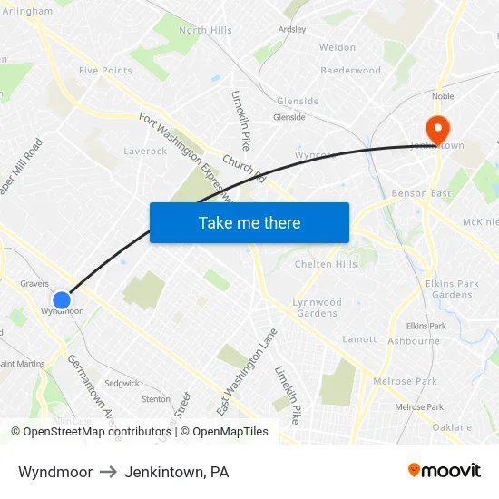 Wyndmoor to Jenkintown, PA map