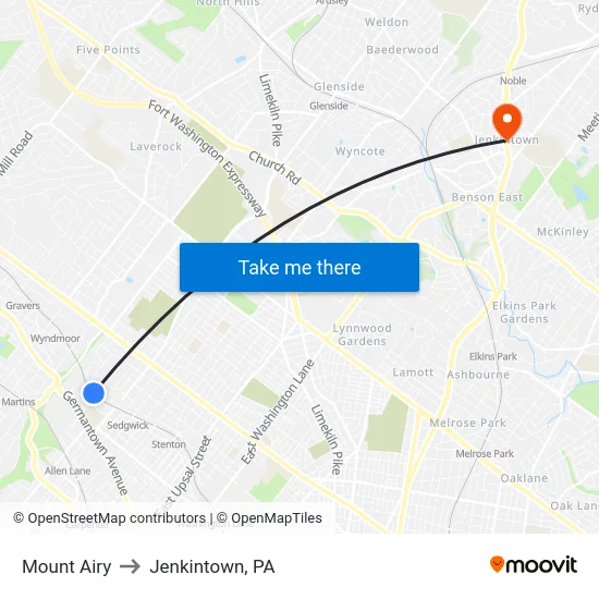 Mount Airy to Jenkintown, PA map