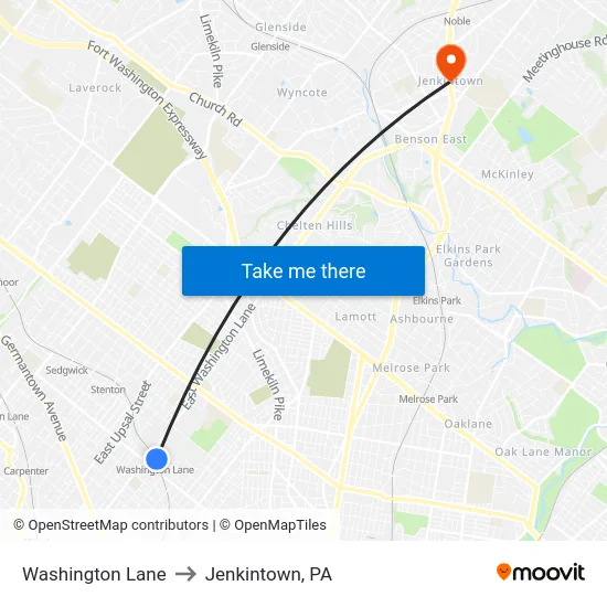 Washington Lane to Jenkintown, PA map