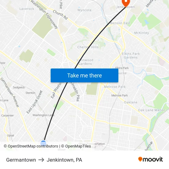 Germantown to Jenkintown, PA map
