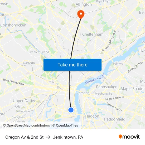 Oregon Av & 2nd St to Jenkintown, PA map