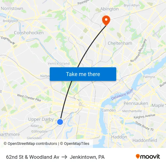 62nd St & Woodland Av to Jenkintown, PA map