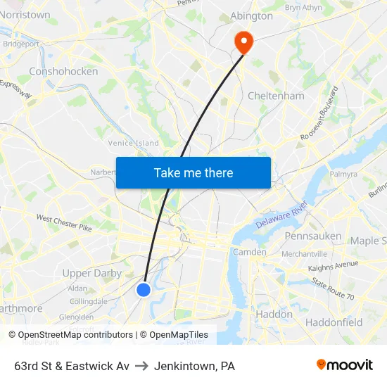 63rd St & Eastwick Av to Jenkintown, PA map