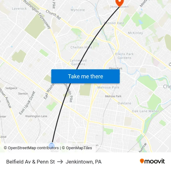 Belfield Av & Penn St to Jenkintown, PA map