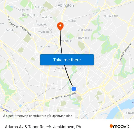 Adams Av & Tabor Rd to Jenkintown, PA map