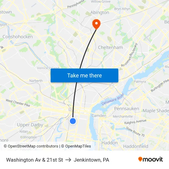Washington Av & 21st St to Jenkintown, PA map