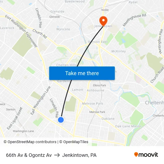 66th Av & Ogontz Av to Jenkintown, PA map