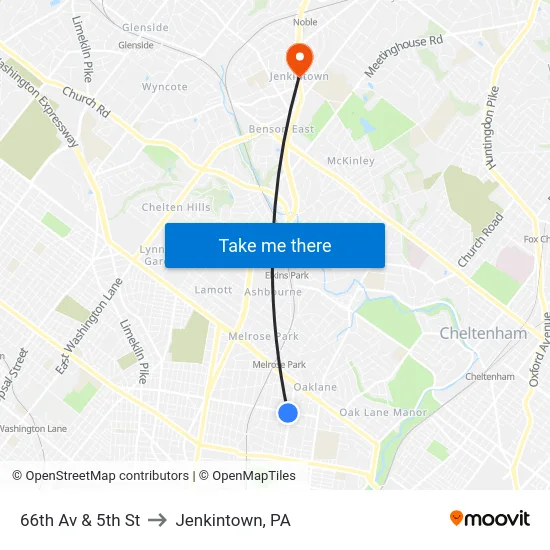 66th Av & 5th St to Jenkintown, PA map