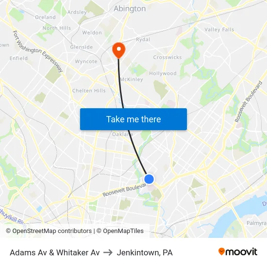 Adams Av & Whitaker Av to Jenkintown, PA map