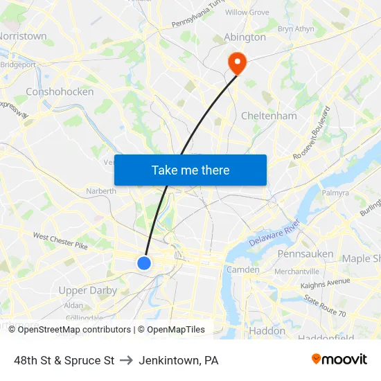 48th St & Spruce St to Jenkintown, PA map