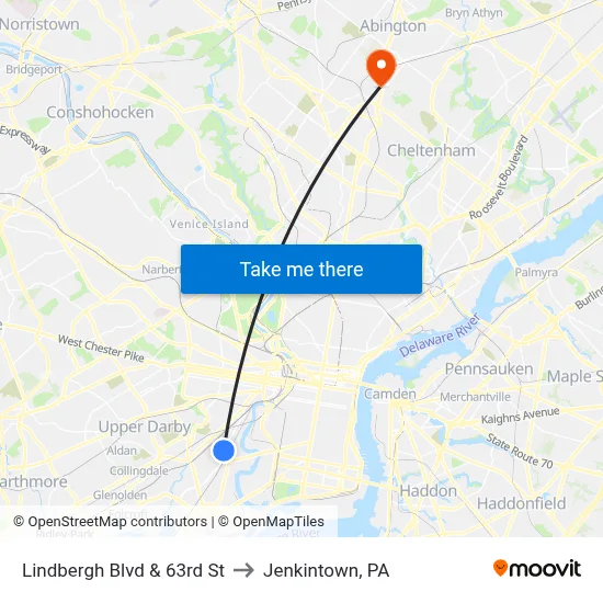 Lindbergh Blvd & 63rd St to Jenkintown, PA map