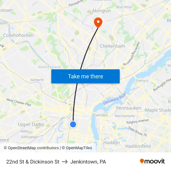 22nd St & Dickinson St to Jenkintown, PA map