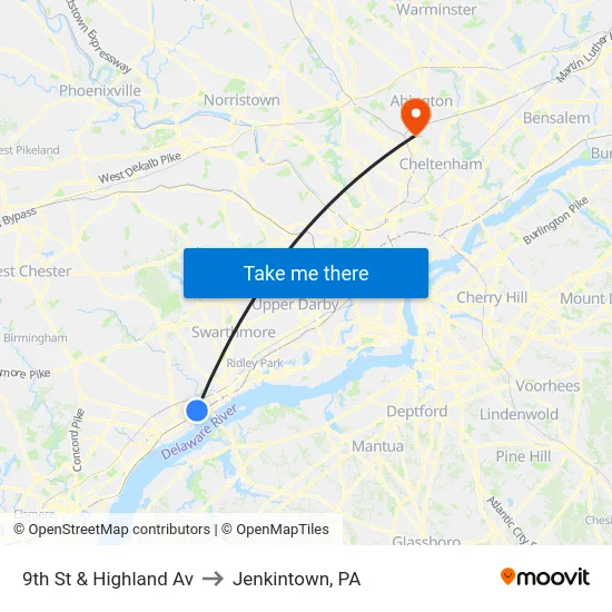 9th St & Highland Av to Jenkintown, PA map