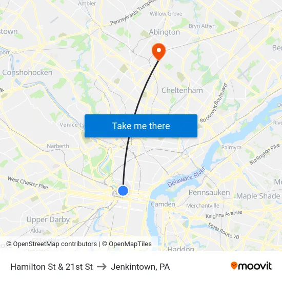 Hamilton St & 21st St to Jenkintown, PA map