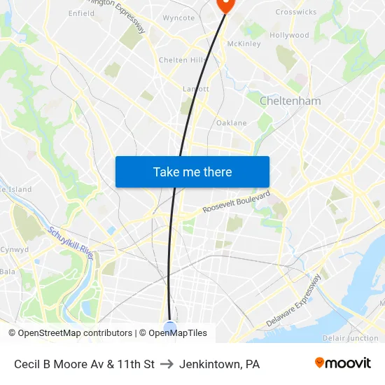 Cecil B Moore Av & 11th St to Jenkintown, PA map