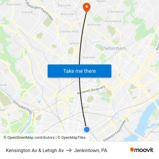 Kensington Av & Lehigh Av to Jenkintown, PA map