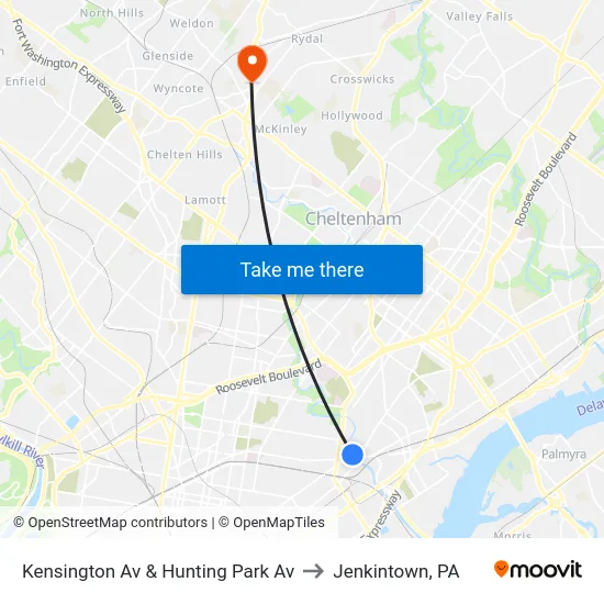 Kensington Av & Hunting Park Av to Jenkintown, PA map
