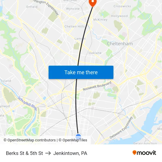Berks St & 5th St to Jenkintown, PA map