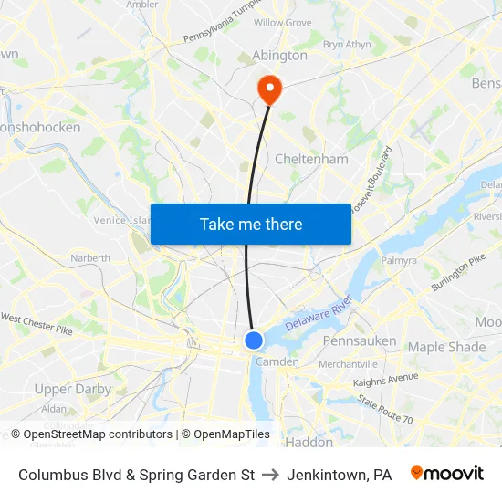 Columbus Blvd & Spring Garden St to Jenkintown, PA map