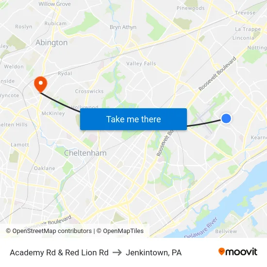 Academy Rd & Red Lion Rd to Jenkintown, PA map