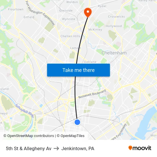 5th St & Allegheny Av to Jenkintown, PA map