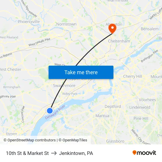10th St & Market St to Jenkintown, PA map