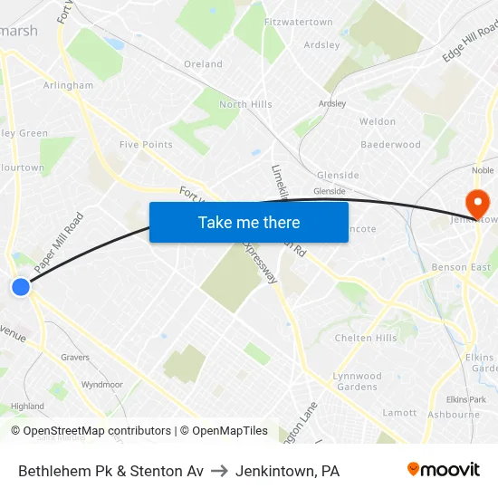Bethlehem Pk & Stenton Av to Jenkintown, PA map