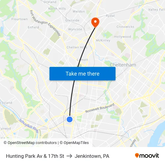 Hunting Park Av & 17th St to Jenkintown, PA map