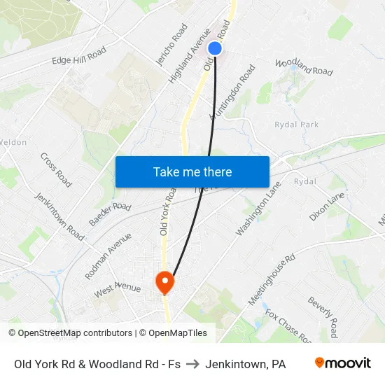 Old York Rd & Woodland Rd - Fs to Jenkintown, PA map