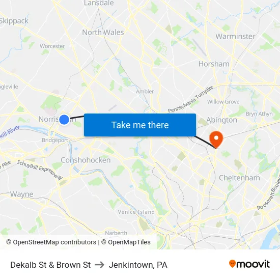 Dekalb St & Brown St to Jenkintown, PA map
