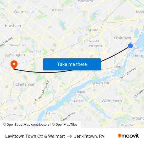 Levittown Town Ctr & Walmart to Jenkintown, PA map