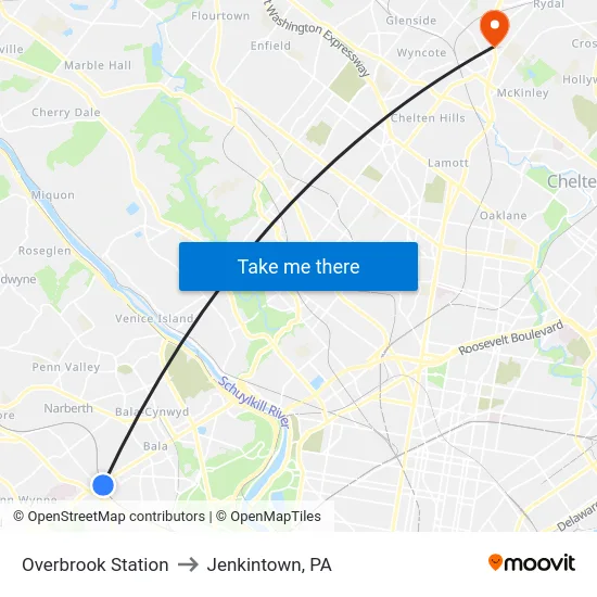 Overbrook Station to Jenkintown, PA map