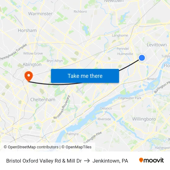 Bristol Oxford Valley Rd & Mill Dr to Jenkintown, PA map