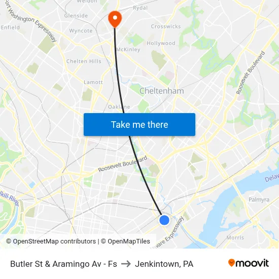 Butler St & Aramingo Av - Fs to Jenkintown, PA map